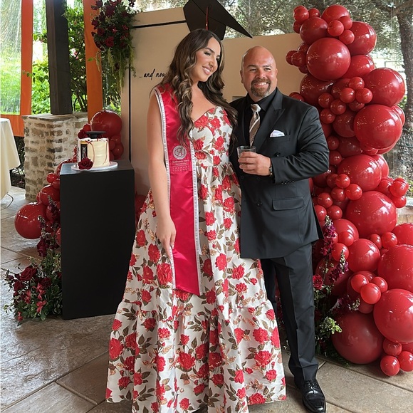 Multicolor Brocade Strapless Floral Gown With Ruffle Hem - Picture 7 of 7